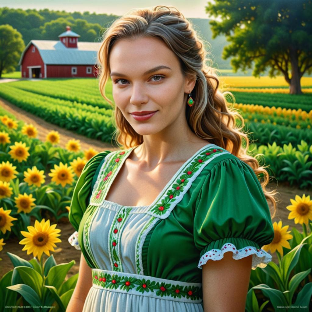 Woman in Colorful Dress Among Sunflowers and Tulips