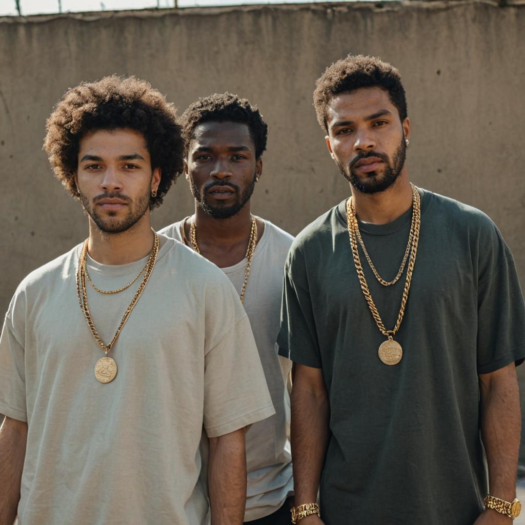 Stylish men with afros and gold chains in urban setting