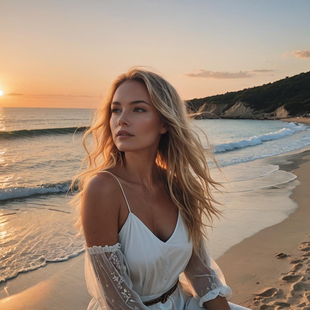 Thoughtful Woman on Beach at Sunset