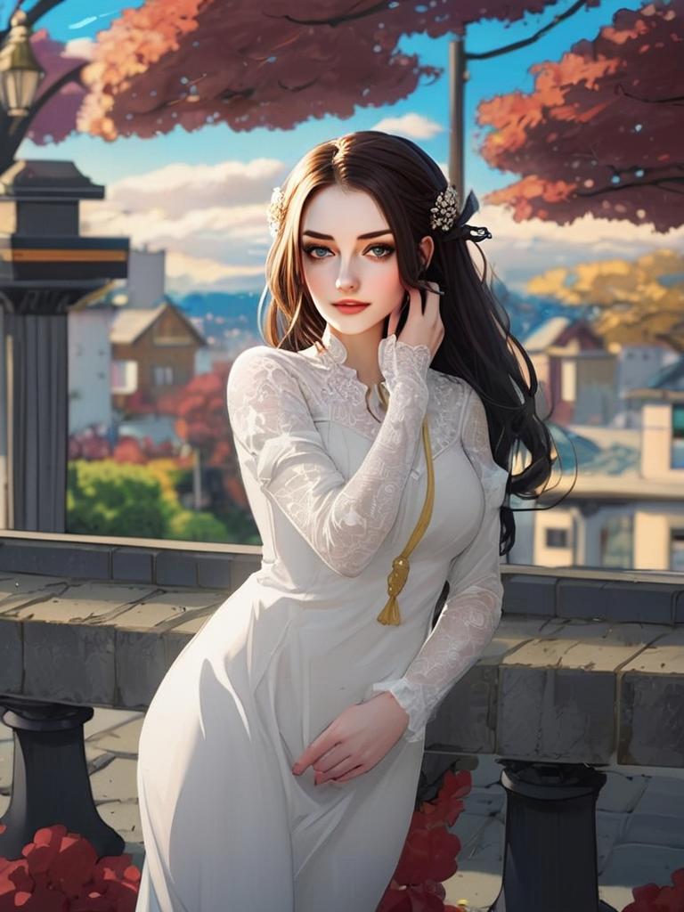 Elegant Woman in White Dress on Autumn Balcony Digital Artwork