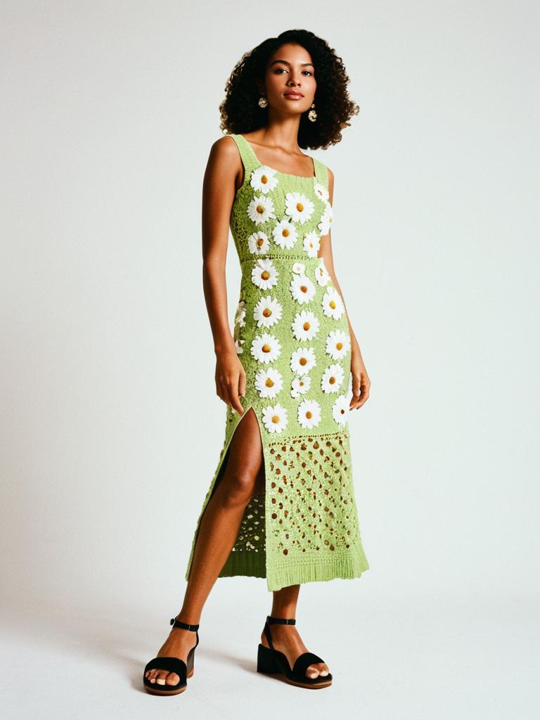 Retro Inspired Lime Green Crochet Knit Midi Dress with White Daisies on Woman
