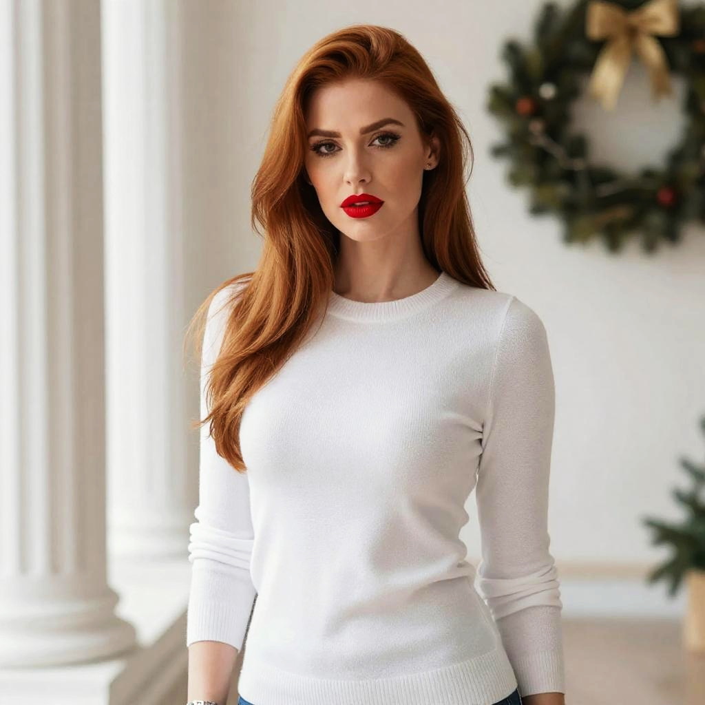 Red-Haired Woman in White Sweater with Festive Background