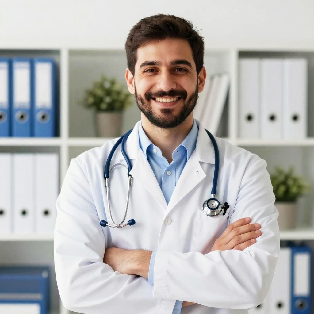 Confident Young Male Doctor Smiling in Medical Office with Stethoscope