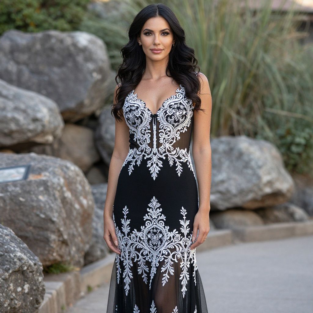Elegant Black Dress with White Embroidery on Woman Outdoors
