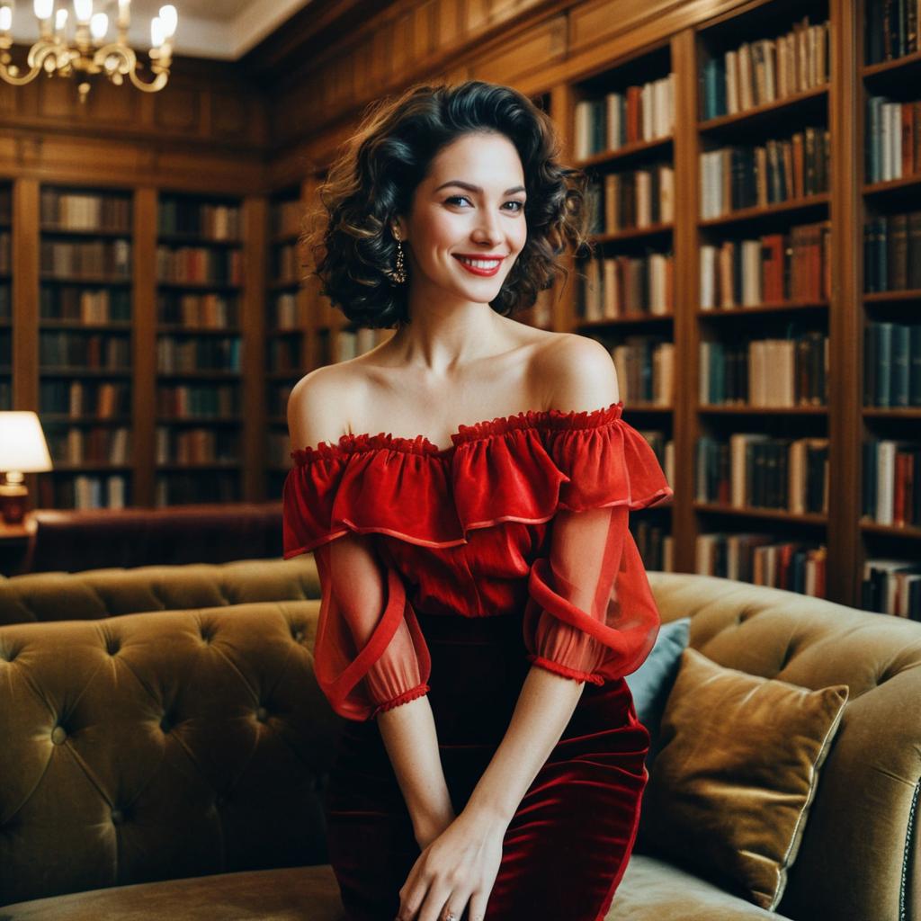 Elegant Woman in Red Velvet Dress in Library