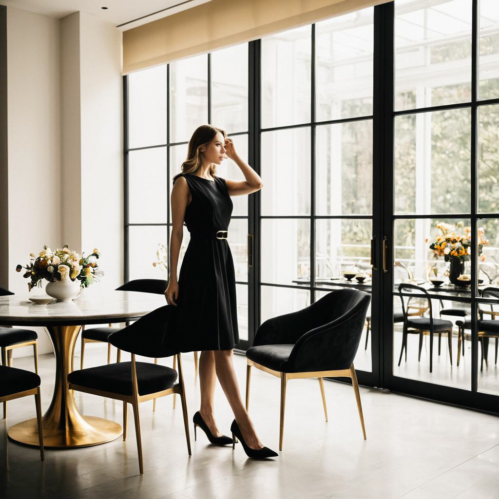 Woman in Stylish Black Dress in Modern Dining Area Woman in Stylish Black Dress in Modern Dining Area