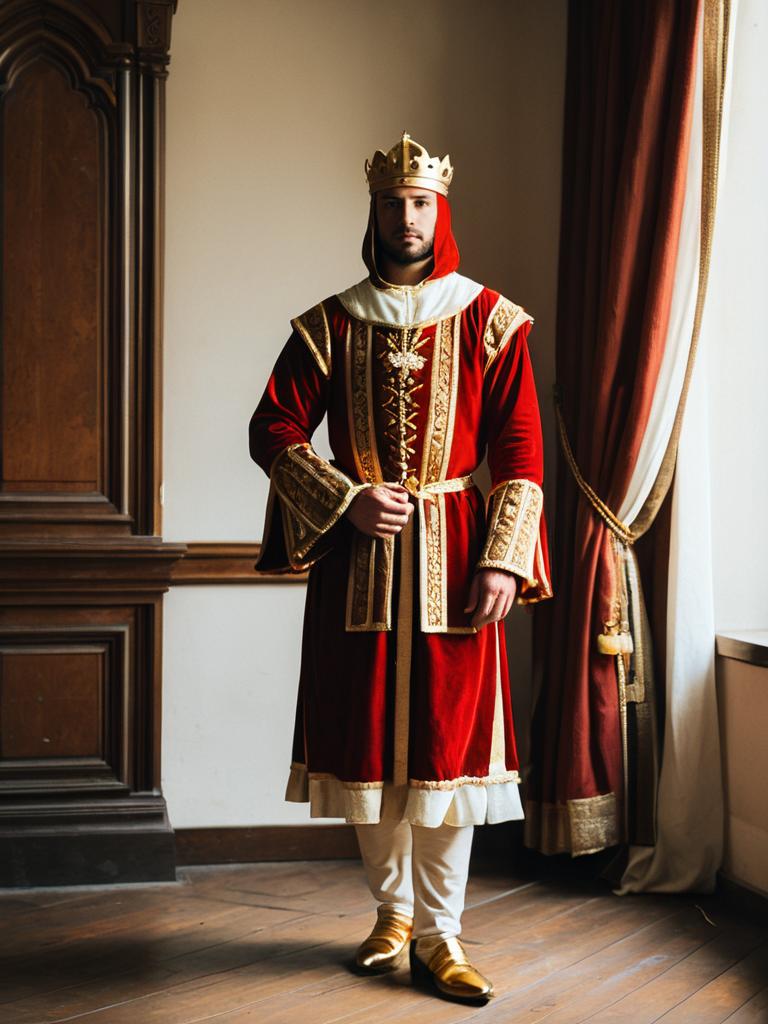 Man in Red and Gold Fancy Medieval Clothes Costume with Crown