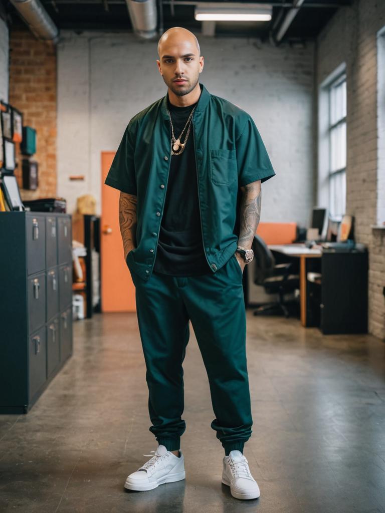 Stylish man in streetwear in urban office