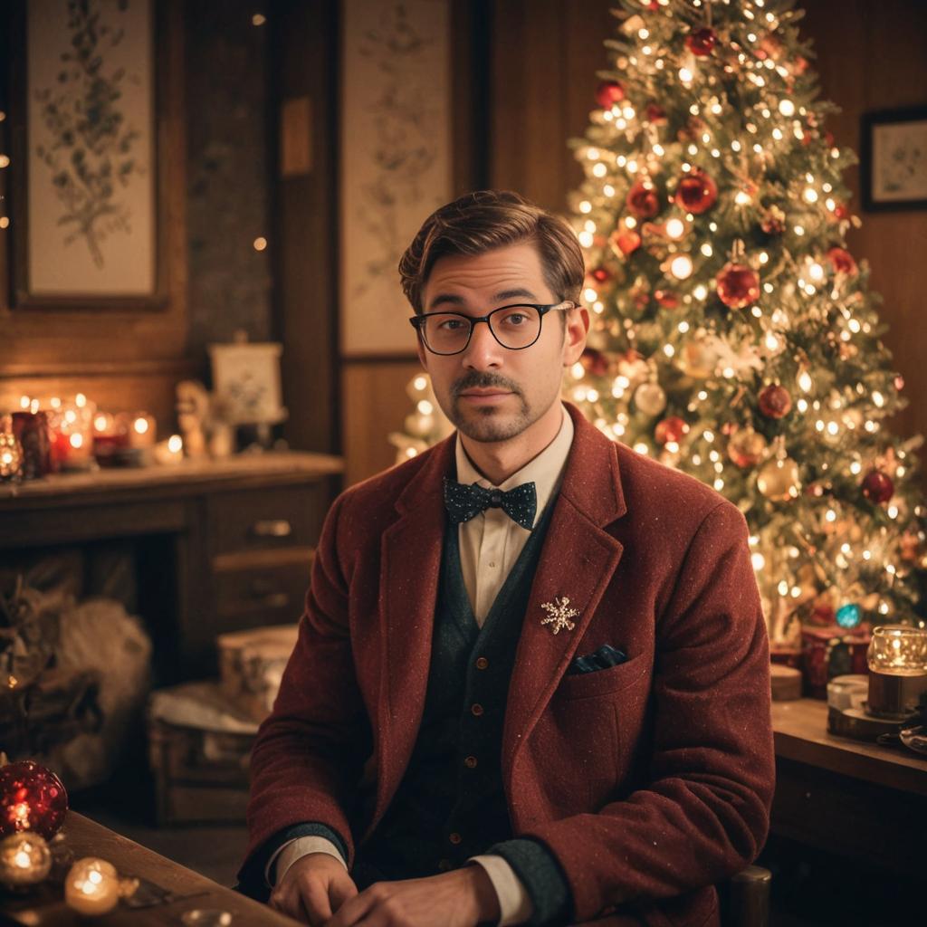 Stylish man in vintage velvet suit by Christmas tree