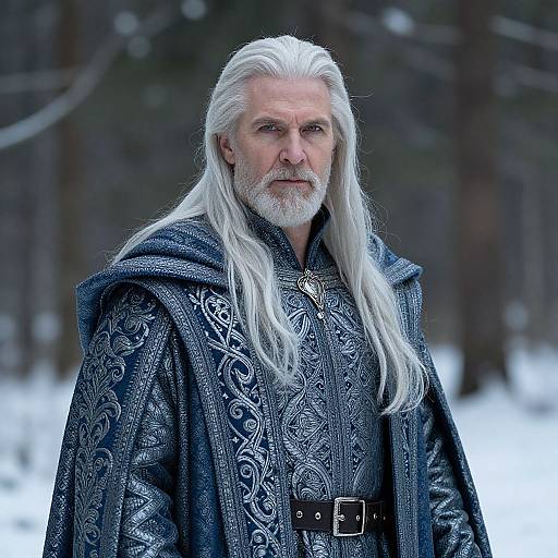Regal Older Man in Detailed Medieval-Style Coat in Snowy Forest