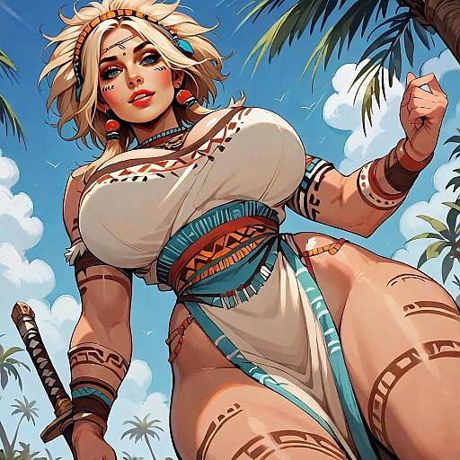 Confident Tribal Woman Warrior Digital Illustration with Tropical Background