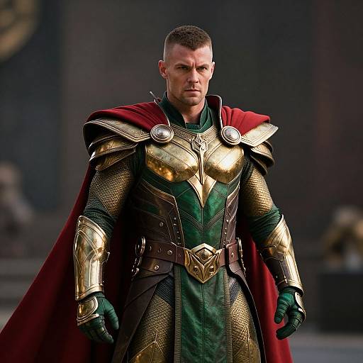 Man in Detailed Gold and Green Fantasy Armor with Red Cape
