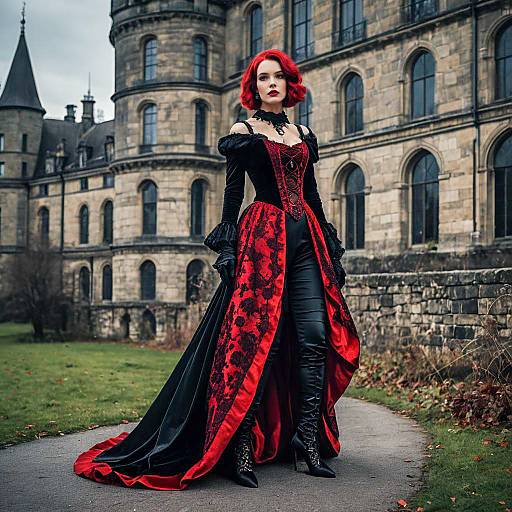 Gothic Red and Black Victorian Dress with Red-Haired Woman by Historic Castle
