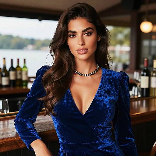 Elegant Woman in Blue Velvet Dress at Bar with Wine Bottles