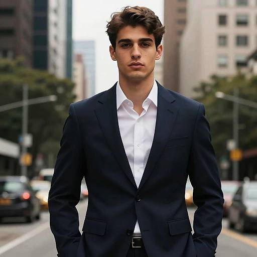 Confident Young Man in Navy Suit on Urban Street