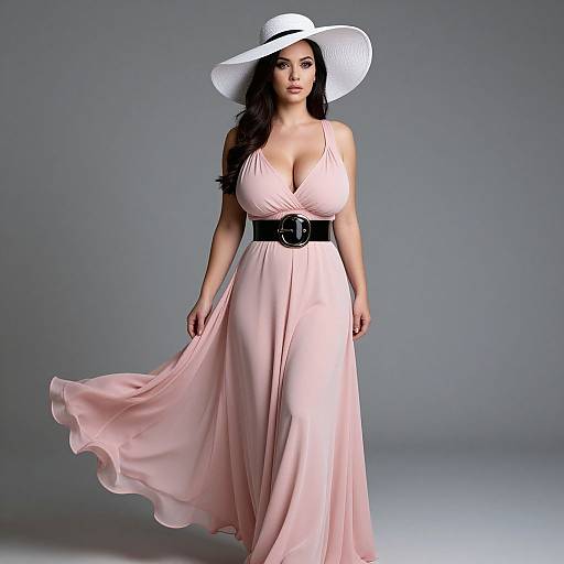 Elegant Woman in Pale Pink Maxi Dress with Wide-brimmed White Hat