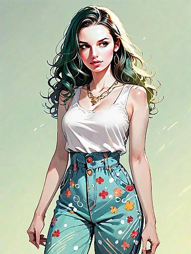 Comic-Realistic Digital Portrait of Woman in Casual Floral Pants and White Tank Top