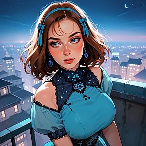 Young Woman in Blue Dress Against Night Cityscape