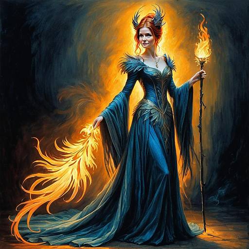 Regal Woman in Blue Gown with Flaming Staff Fantasy Artwork