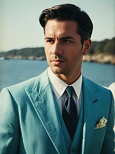 Man in Stylish Summer Wedding Outfit with Cinematic Realism by the Waterfront