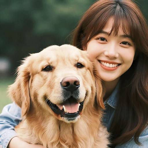 Smiling Young Woman with Happy Golden Retriever Dog Outdoors