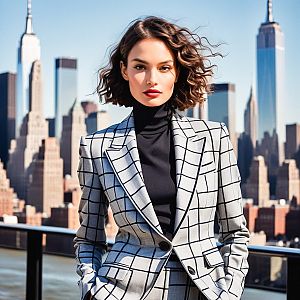 Confident Woman in Stylish Suit Against NYC Skyline
