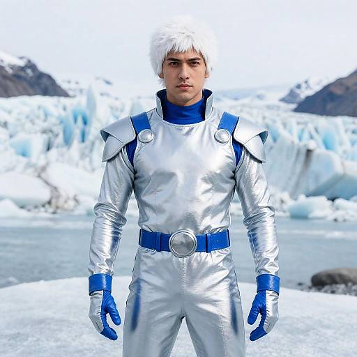 Iceman Cosplay Man in Silver and Blue Costume Standing in Front of Glacier