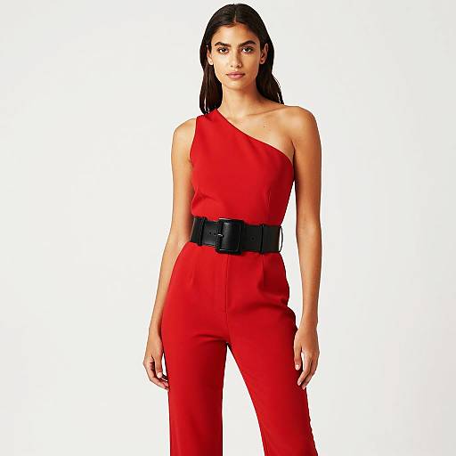 Young Woman in Red One-Shoulder Jumpsuit with Black Belt Fashion Style