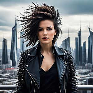 Confident Woman in Futuristic Cityscape
