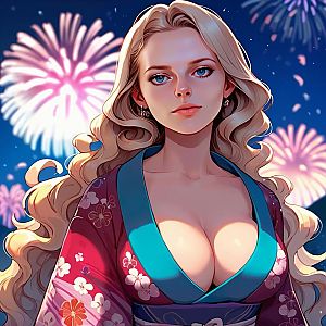 Blonde Woman in Floral Kimono with Fireworks