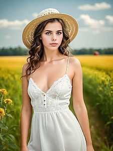 Young Woman in Yellow Flower Field