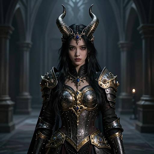 Dark Fantasy Woman Warrior with Horned Armor in Gothic Cathedral