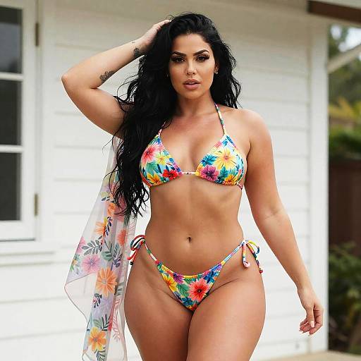 Confident Woman in Floral Bikini and Sheer Cover-Up Outdoors