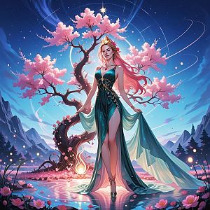 Elegant Woman by Cherry Blossom Tree