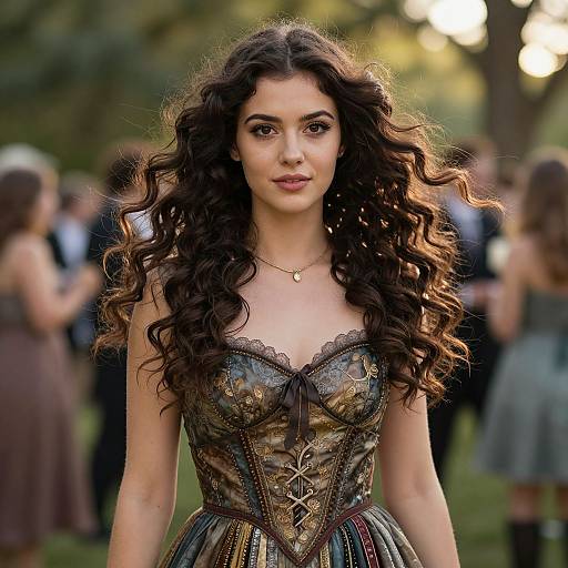 Elegant Woman in Embroidered Corset Dress at Outdoor Formal Event