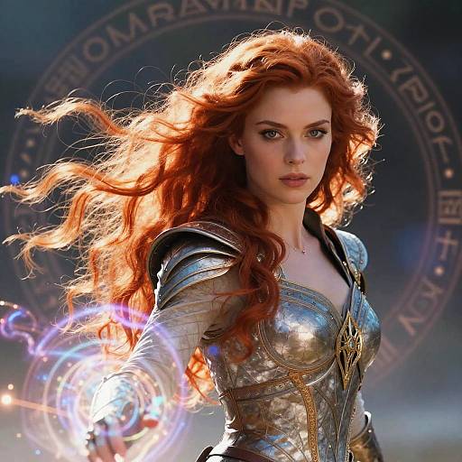 Female Warrior with Red Hair Casting Magic in Silver Armor