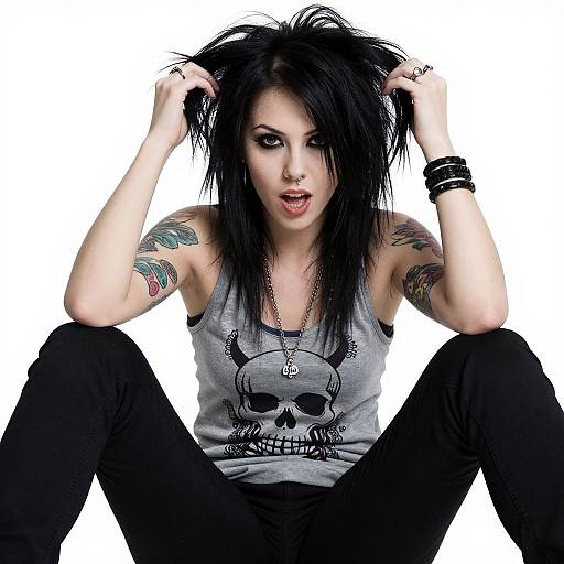 Punk Rock Woman with Tattoos and Skull Graphic Tank Top