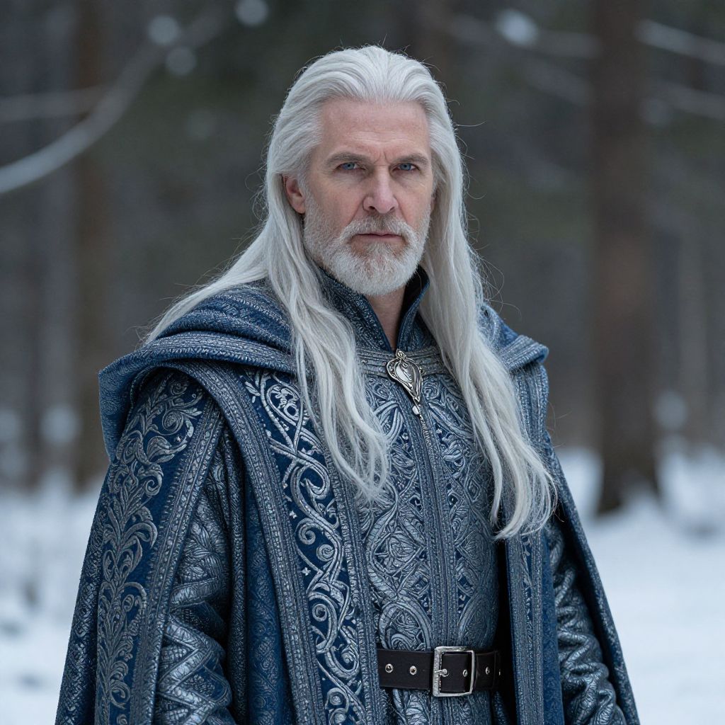 Regal Older Man in Detailed Medieval-Style Coat in Snowy Forest