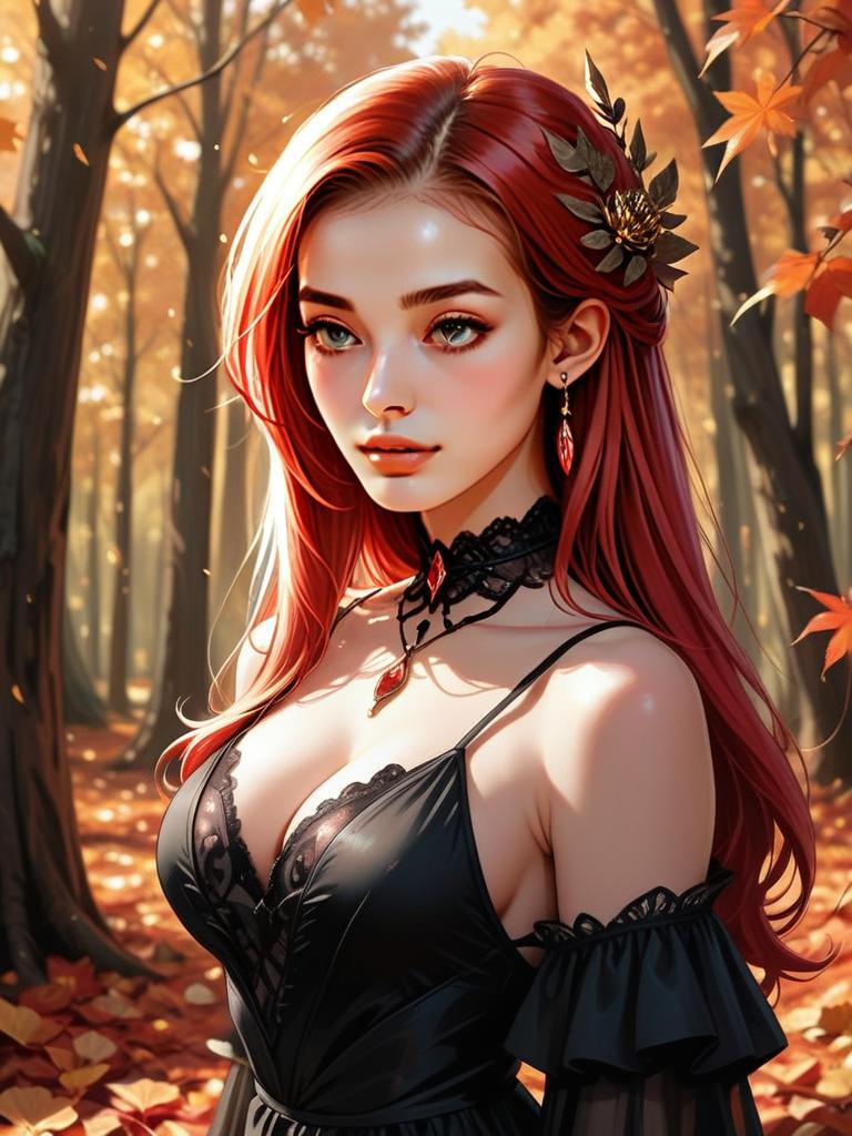 Red-Haired Woman in Black Dress Autumn Forest Digital Illustration
