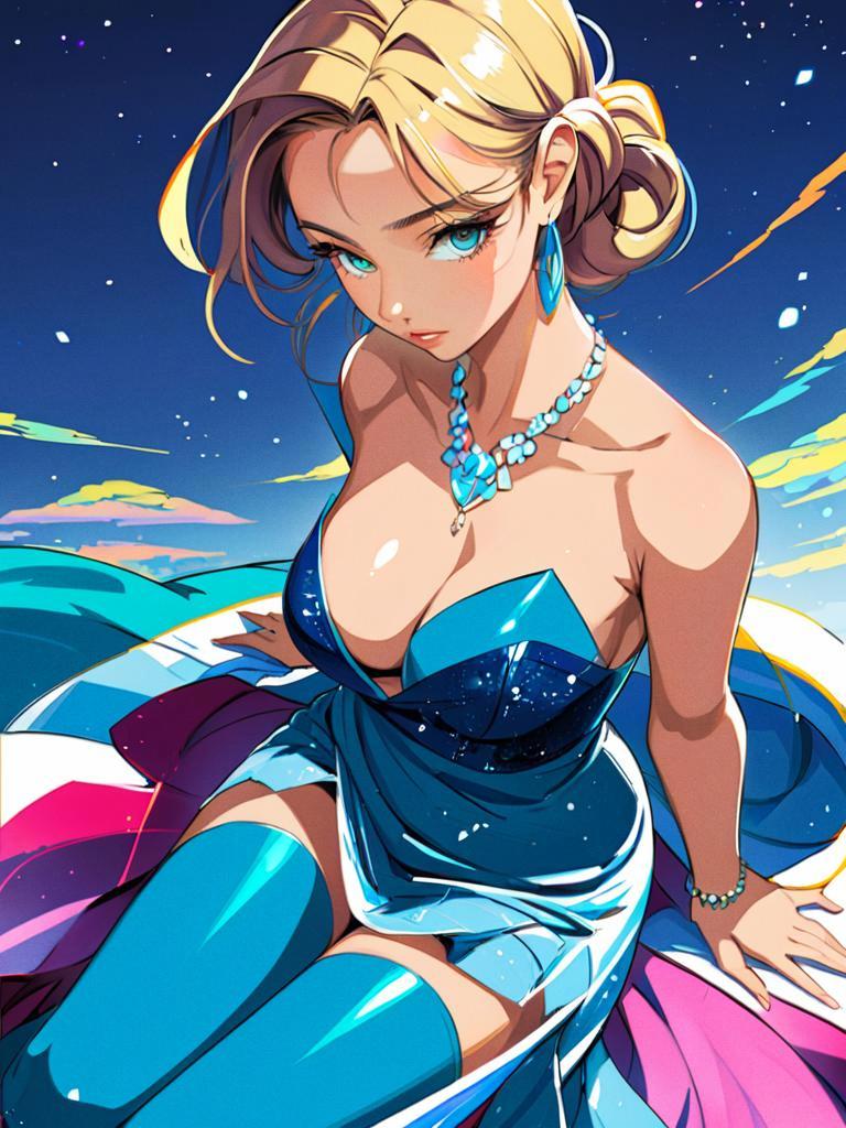 Anime-style blonde woman in blue dress against starry background