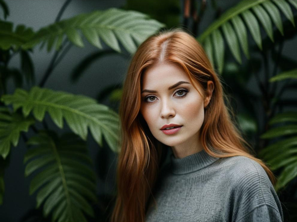 Woman with Long Red Hair in Green Foliage