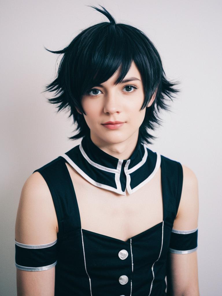 Photorealistic Femboy Costume Cosplay Portrait of Man with Black Spiky Hair