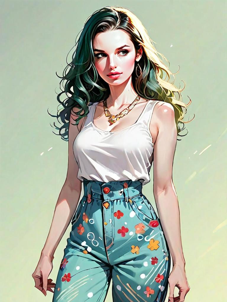 Comic-Realistic Digital Portrait of Woman in Casual Floral Pants and White Tank Top