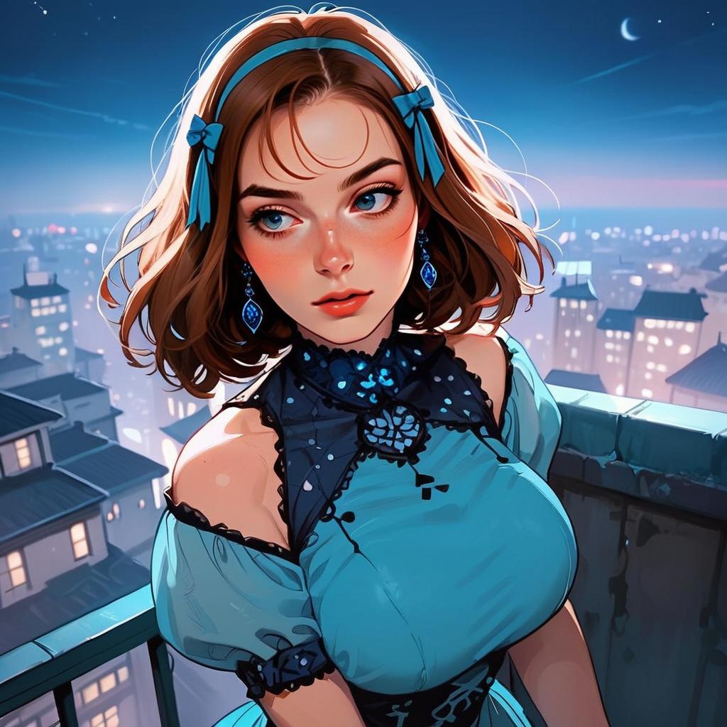 Young Woman in Blue Dress Against Night Cityscape