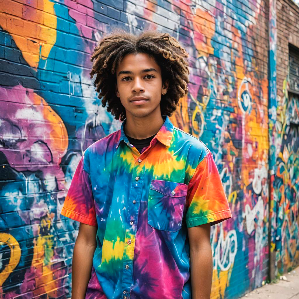 Young Man with Curly Hair in Tie-Dye Shirt Against Graffiti Wall