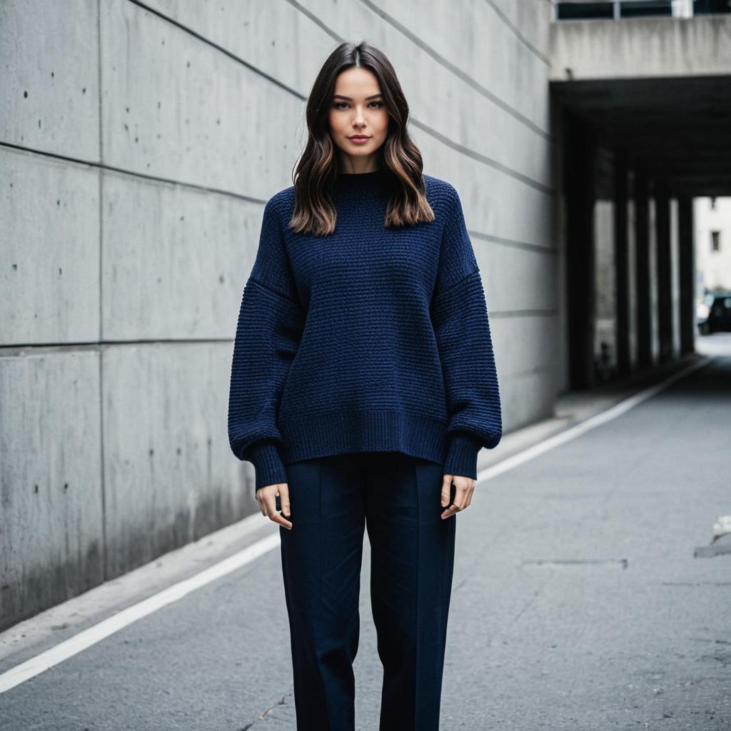 Woman Wearing Navy Blue Knit Sweater and Pants in Urban Setting