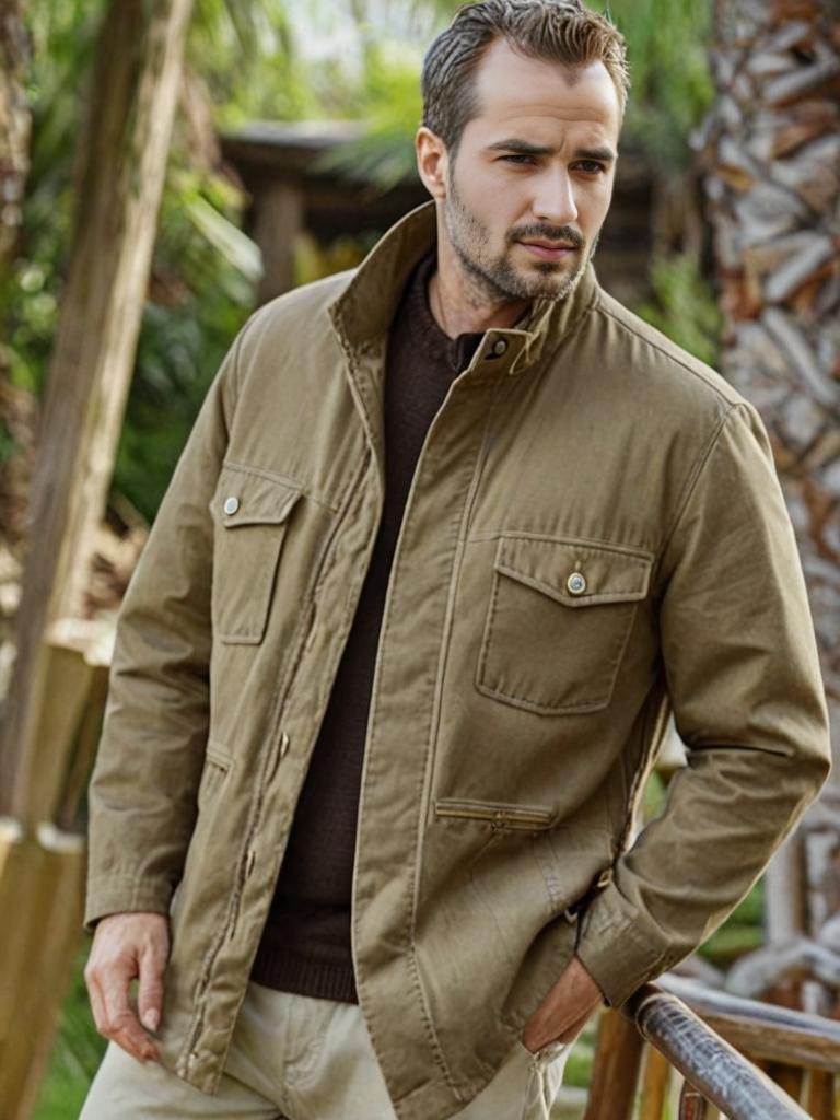 Stylish Man in Rugged Beige Jacket in Woodsy Setting