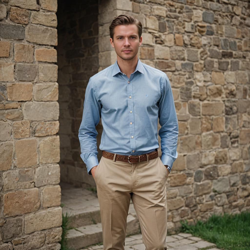 Confident Man in Light Blue Shirt Against Rustic Wall