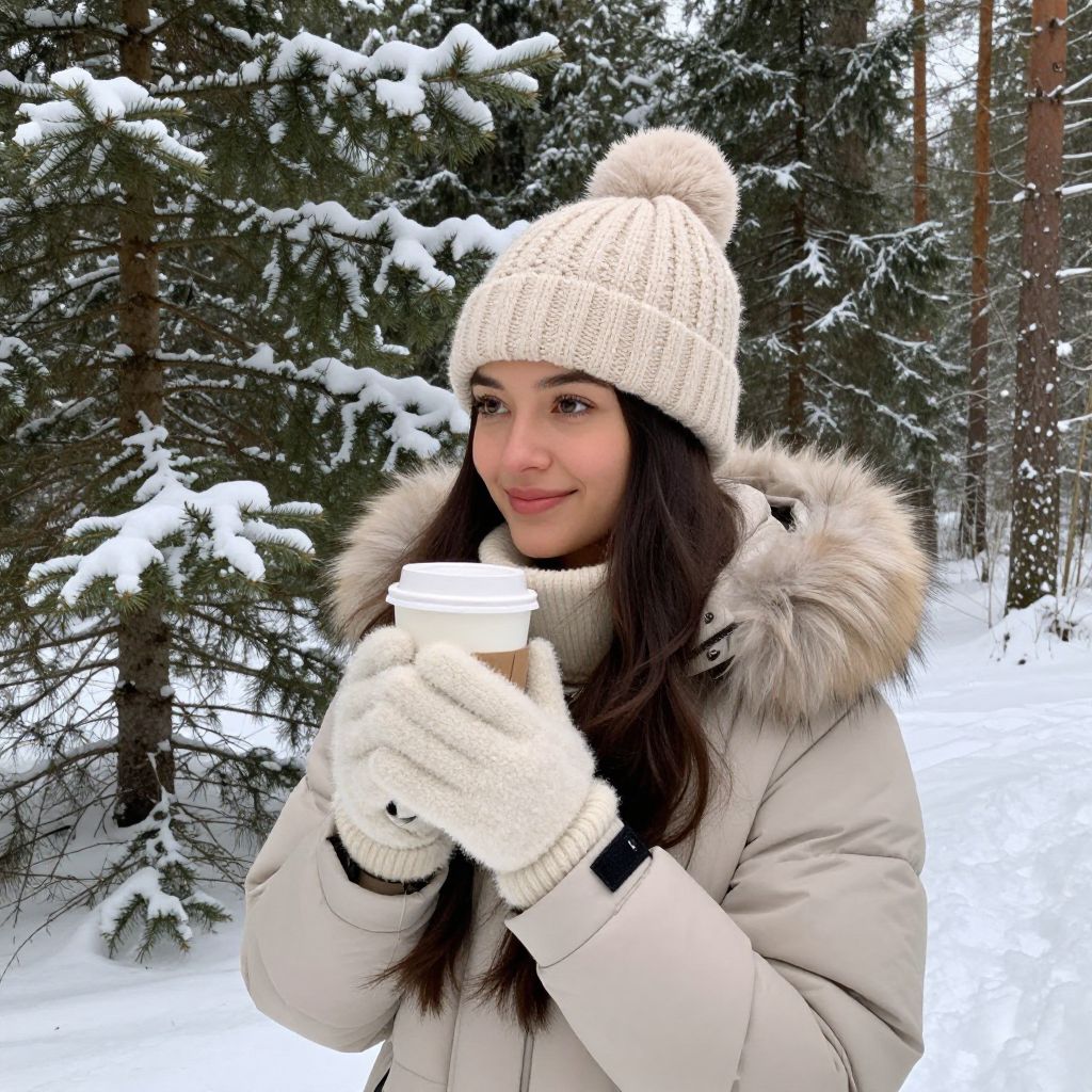 Woman Enjoying Hot Drink in Snowy Winter Forest Wearing Warm Coat and Knitted Hat