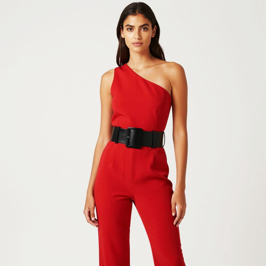 Young Woman in Red One-Shoulder Jumpsuit with Black Belt Fashion Style